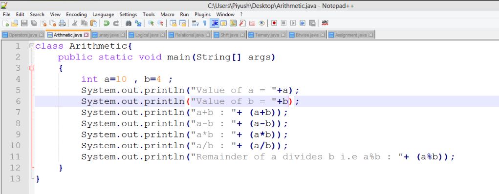 This image describes a sample program of arithmetic operators in java.